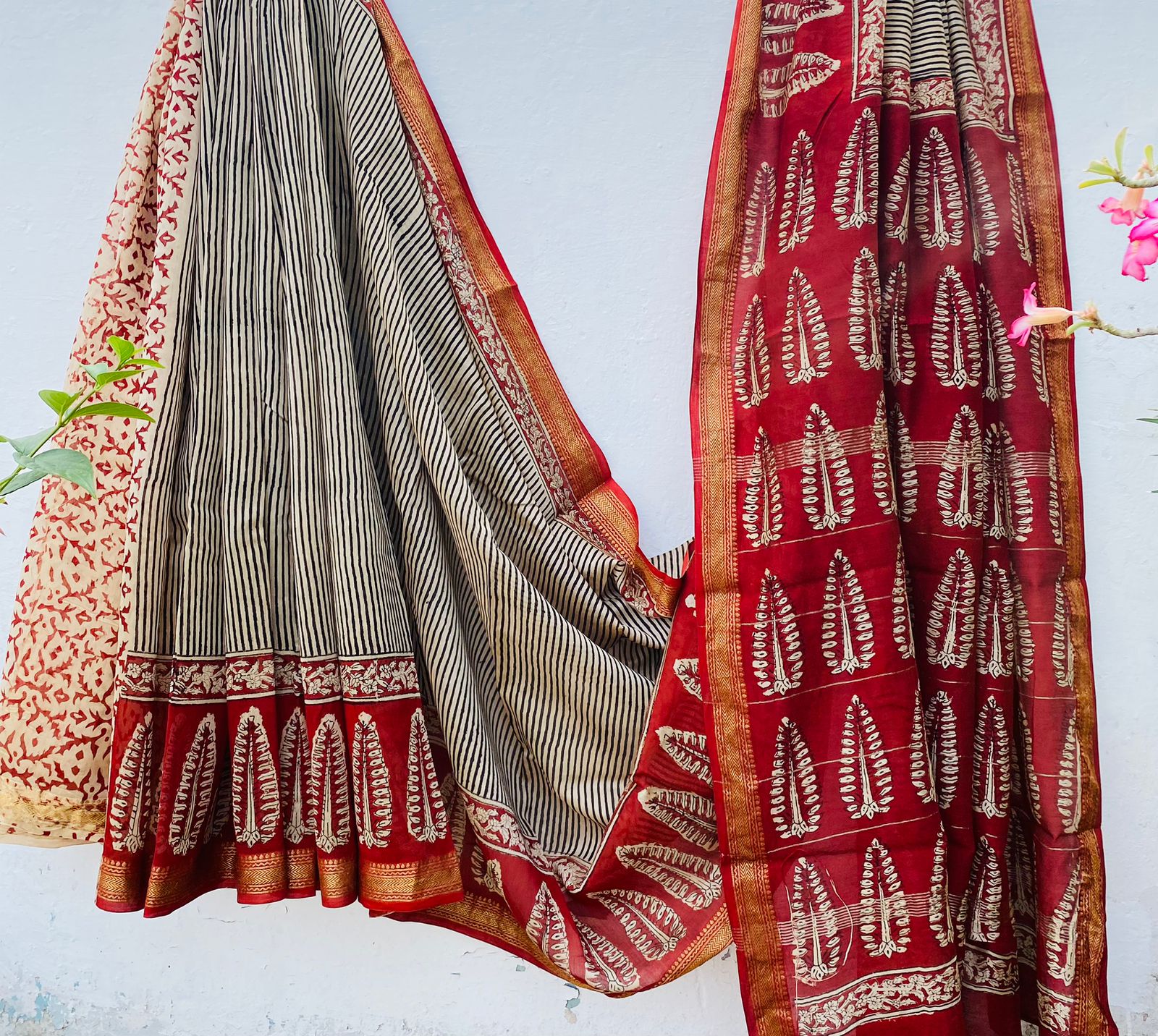 Maheshwari silk saree wholesale, hand block printed red black stripes, pure silk saree by Fabtexs